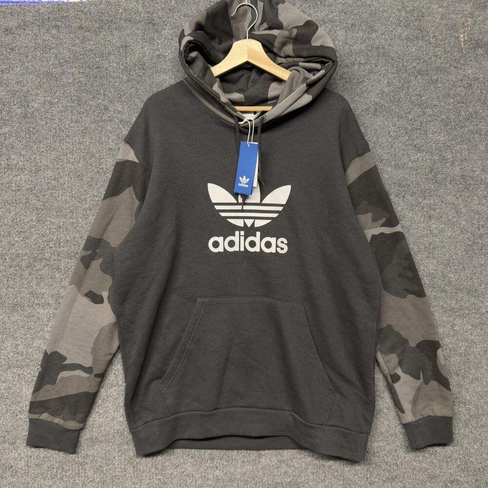 Adidas Camo Hoodie Mens XL Gray Trefoil Pullover Fleece Graphic Logo ED6977 NWT